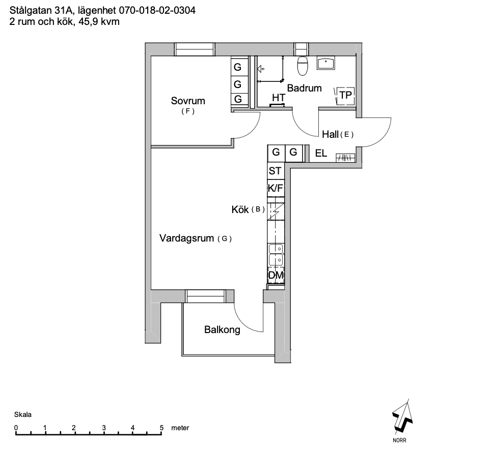 Exempel på 2 rum och kök med en yta på  45,9 kvm