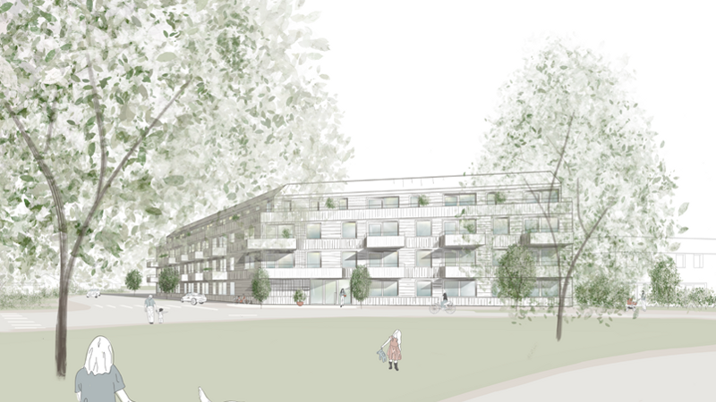 En teckning av en byggnad.