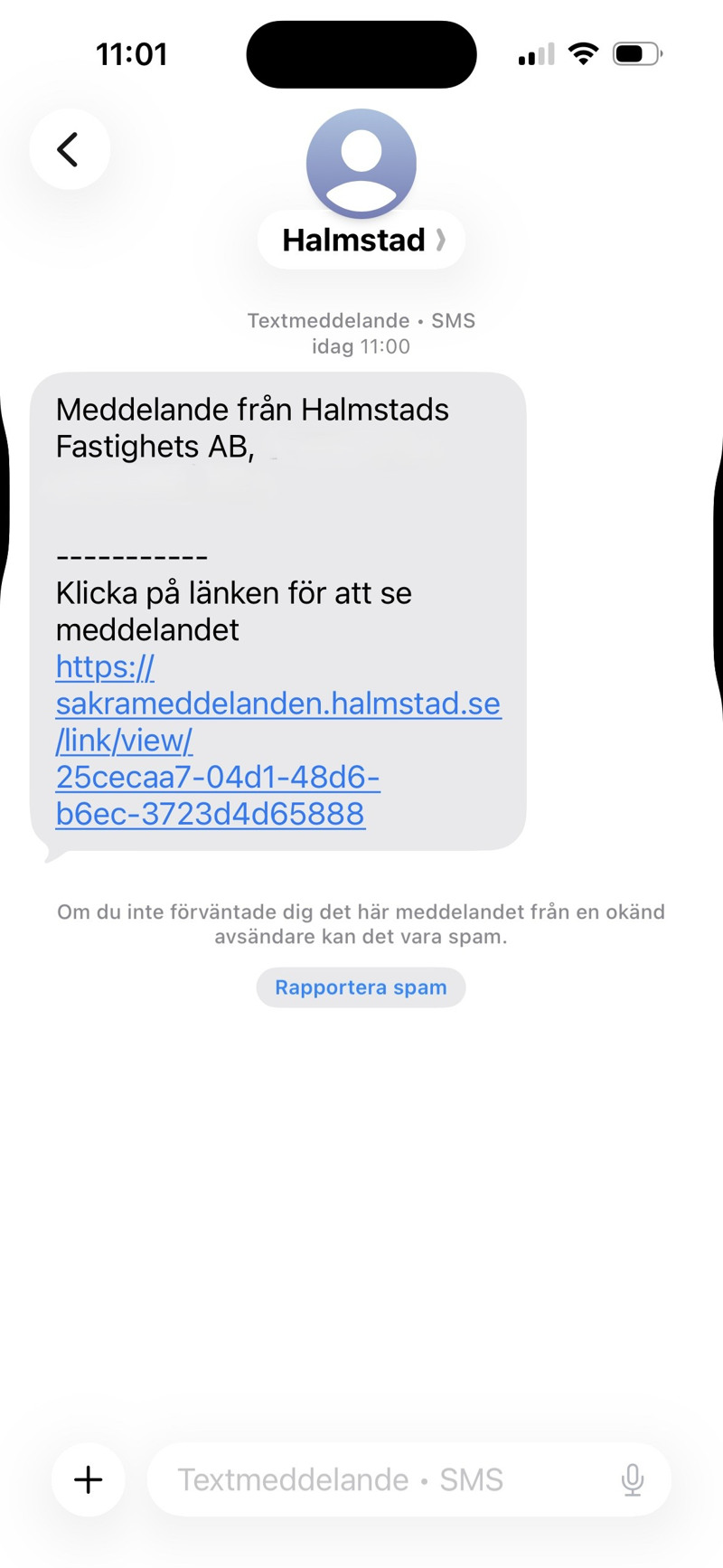 Bild p&aring; ett SMS om ett s&auml;kert meddelande fr&aring;n HFAB.