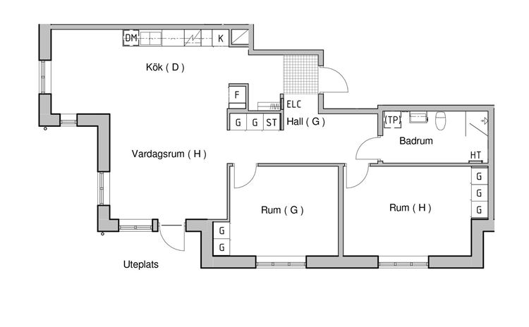 Lynghusen Harplinge. Planlösning över en trea på 90 m2 med öppen planlösning mellan kök och vardagsrum.