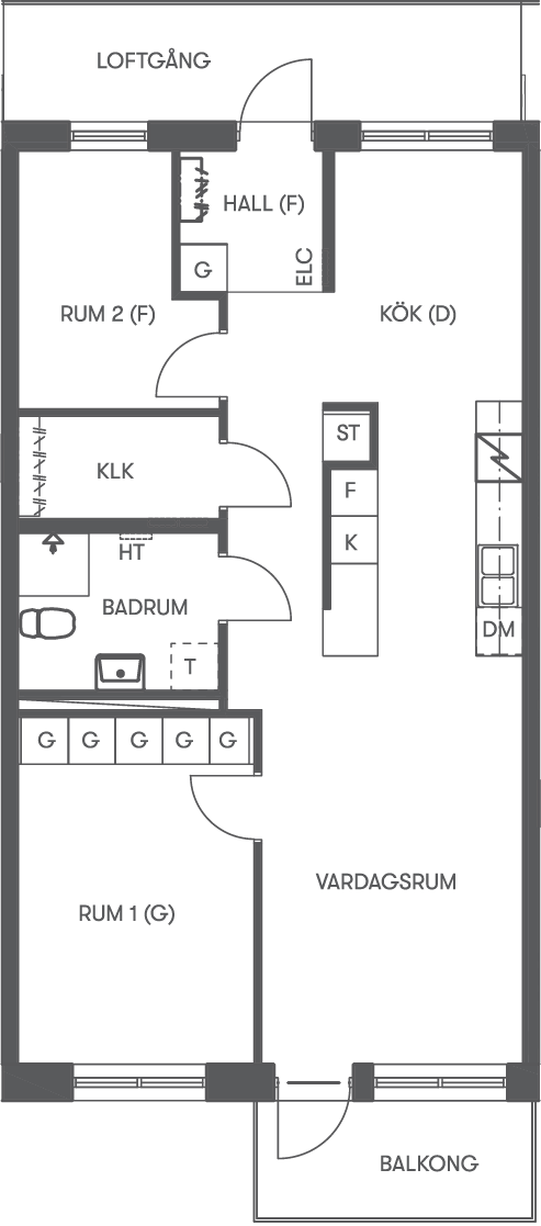 Torghusen Fyllinge. Planlösning över en trea på 74 m2 med öppen planlösning mellan kök och vardagsrum.