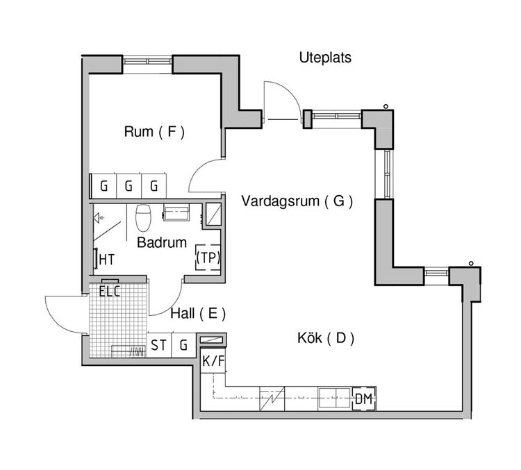 Lynghusen Harplinge. Planlösning över en tvåa på 53,5 m2 med öppen planlösning mellan kök och vardagsrum.