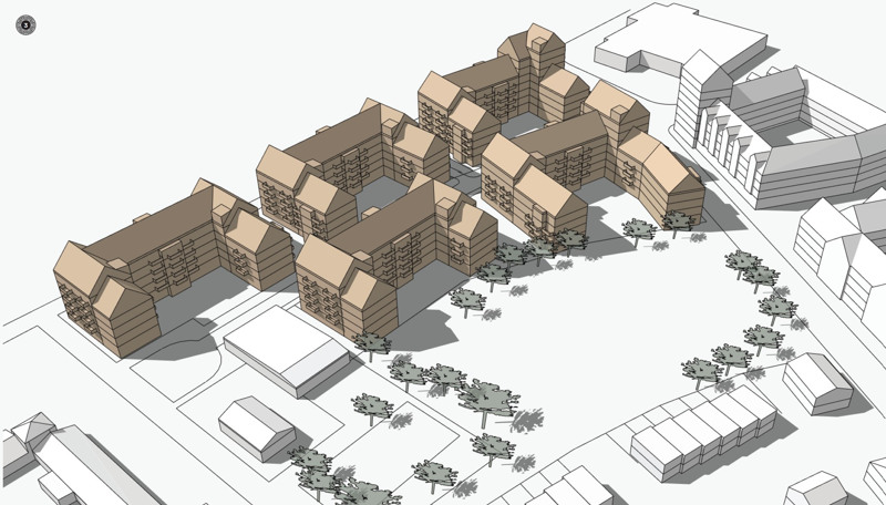 En teckning av en grupp byggnader i en stad.