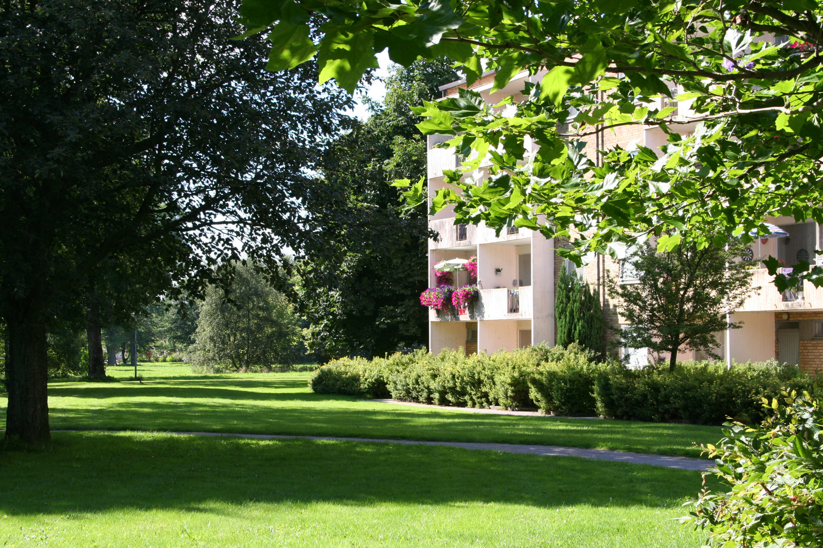 Grönområde och lägenhetshus på Maratonvägen i Halmstad.
