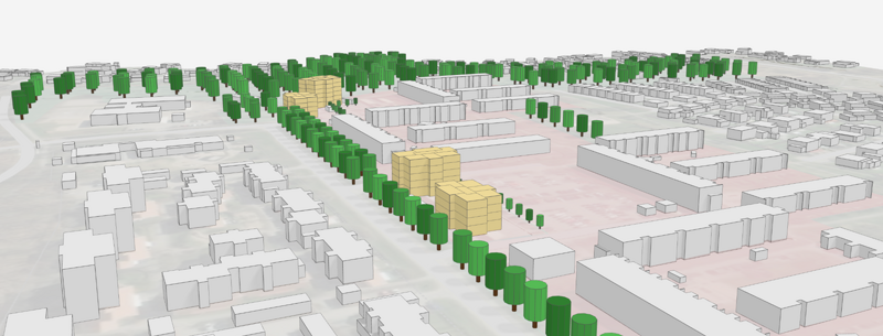 En teckning av en stad med träd och byggnader.