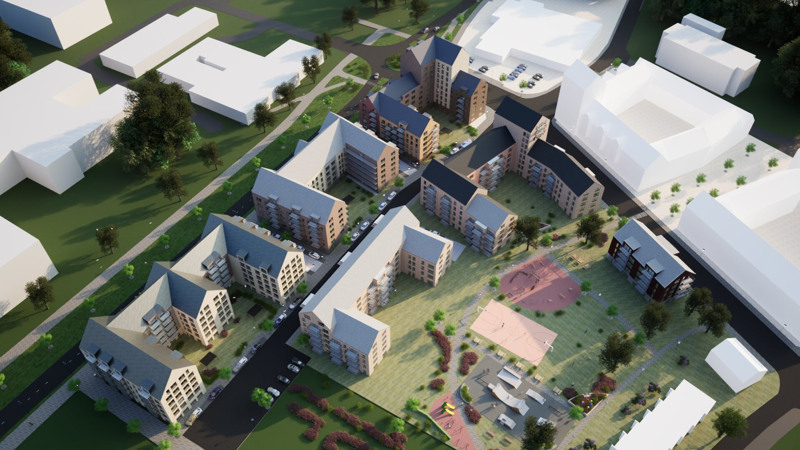 3D-skiss över Västra förstaden som HFAB planerar på att bygga nya bostäder i.