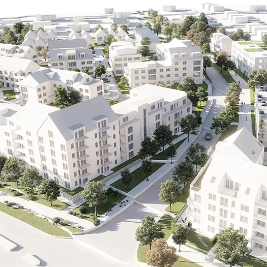 En flygbild av en stad med många vita byggnader.