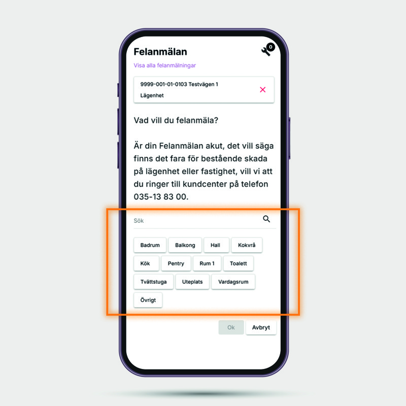 Välj vilket rum felet är i - HFAB