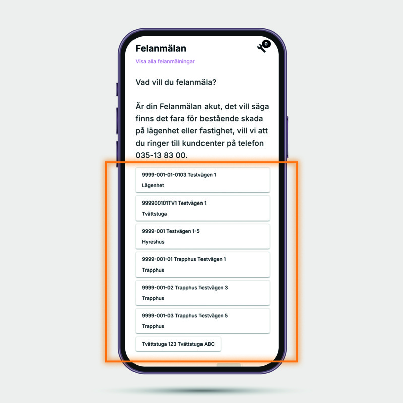 Välj vilket hyresobjekt du vill felanmäla under Mina sidor - HFAB