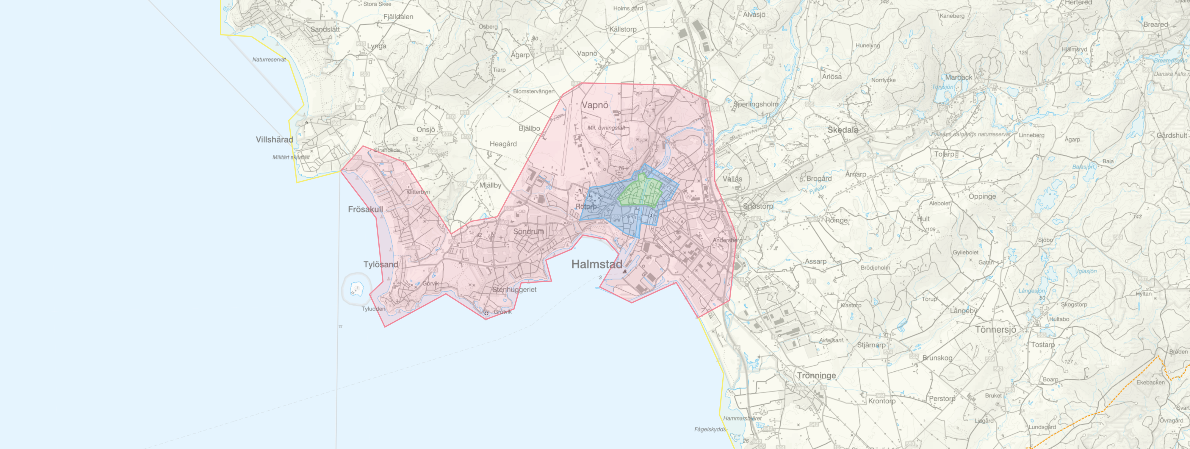 En karta &ouml;ver omr&aring;det kring en stad.