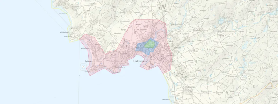 En karta över området kring en stad.
