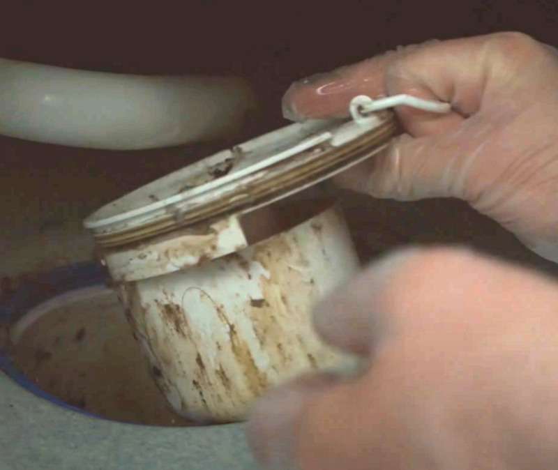 Smutsigt vattenlås från en golvbrunn.