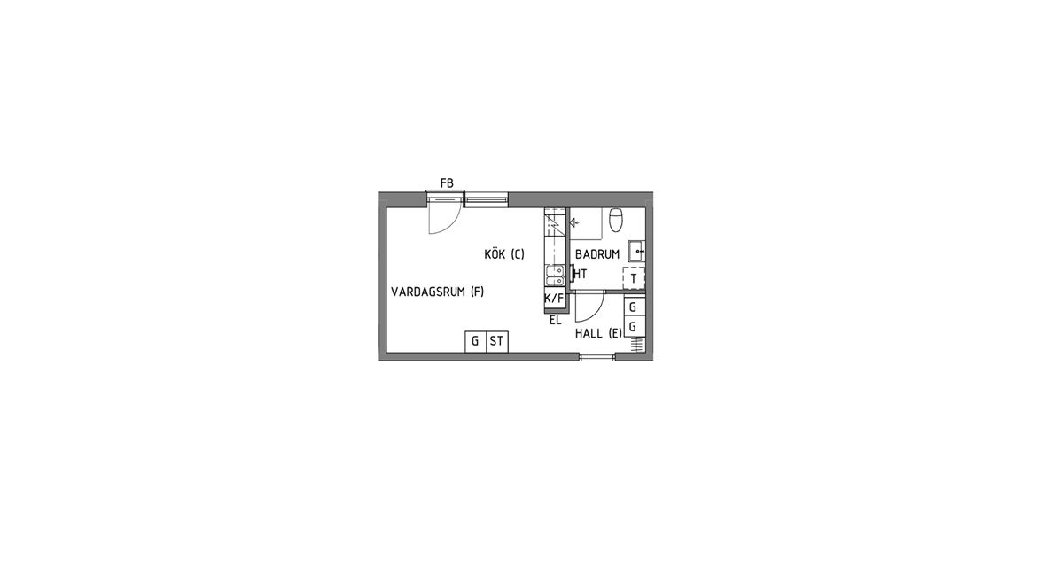 Exempel på 1 rum och kök med en yta på 29,5 kvm