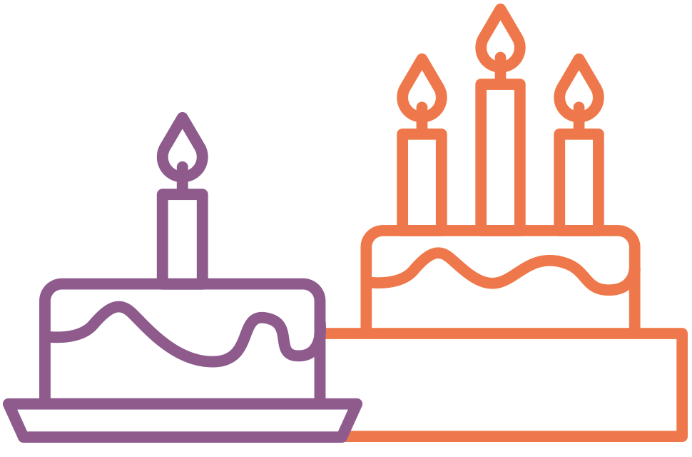 Illustration av en lila tårta och en orange tårta med ljus på.